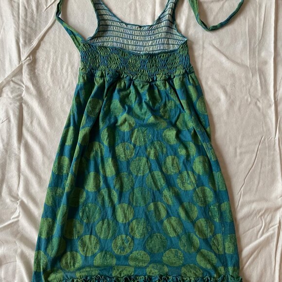 Green and Blue Polka Dot Halter Dress with Shirring Top and Ruffle Detailing - Picture 8 of 12